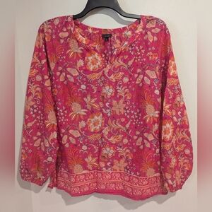 Talbots 100% Cotton Notch Collar Vibrant Pink and Orange Floral Blouse Size L